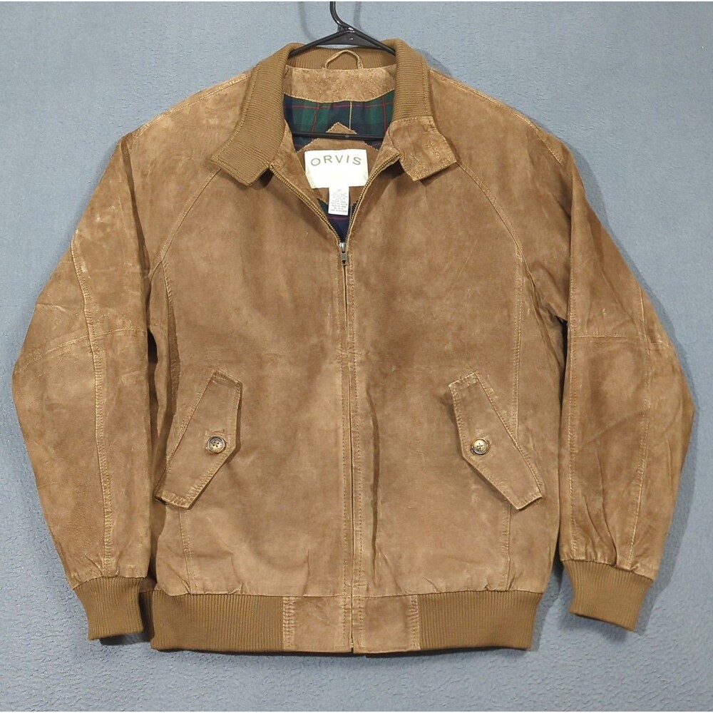 Orvis Suede Leather Bomber Jacket Men's M Brown Full Zip Plaid Lined - Picture 2 of 15
